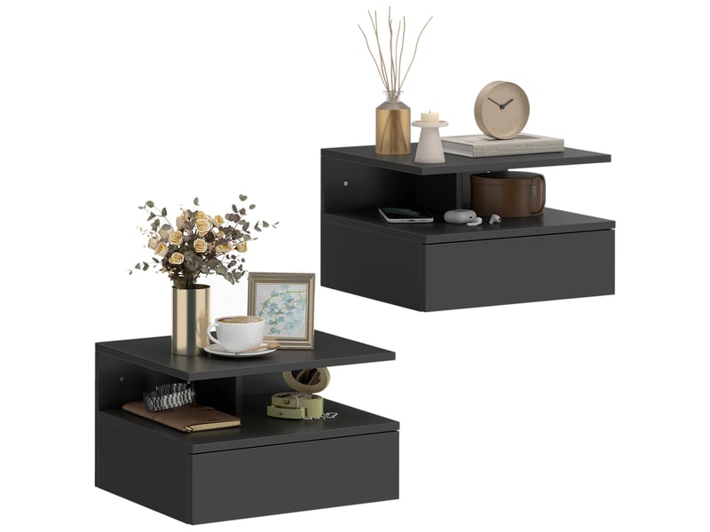  Lot de 2 tables de chevet murales, tables de nuit suspendues avec tiroir, étagère ouverte, 35x32x22,5cm, noir  - Conforama A