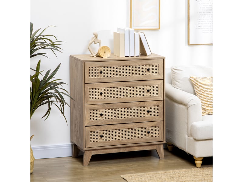  Commode à 4 tiroirs avec inserts en rotin, style bohème, 80 x 35 x 95 cm, bois naturel  - Conforama D
