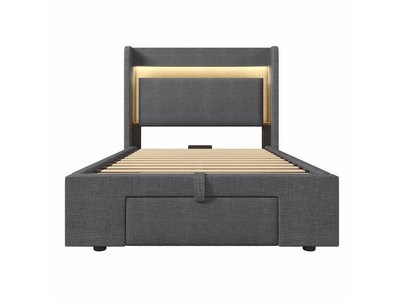  Lit capitonné, lit enfant 90x200 cm, rangement hydraulique, tête de lit avec rangement, led, usbusb-c, lin gris, matelas inclus  - Conforama B