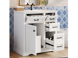 Meuble sous vasque à poser avec 1 porte, 4 tiroirs et vasque en céramique pour salle de bain blanc 76 × 47 × 82 cm