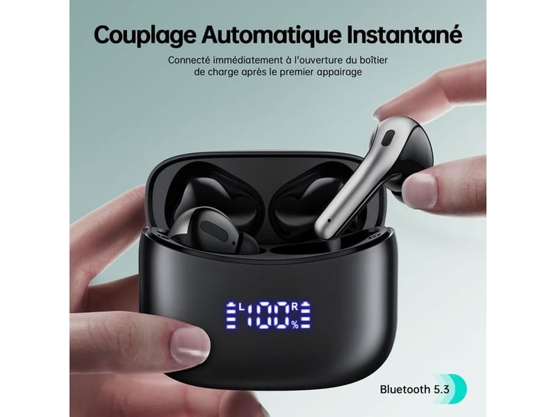 Ecouteurs bluetooth 5.3 sans fil true wireless noirs x15 avec micro et boitier led  - Conforama E