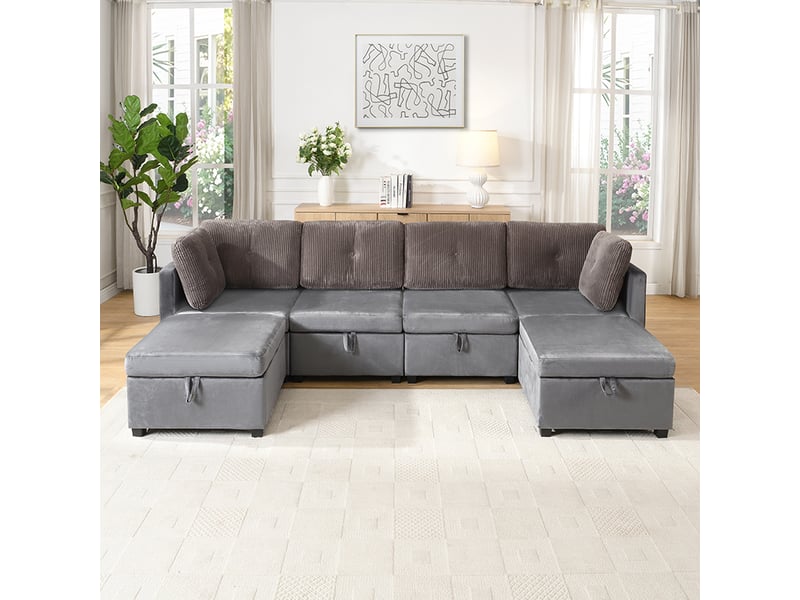  Canapé modulable 6 places 261x132,5cm, 6 modules combinables en u ou l, coffre de rangement intégré, convertible en couchage d'appoint, velours, gris antique OMNIGLINT TRADING LTD - Conforama D