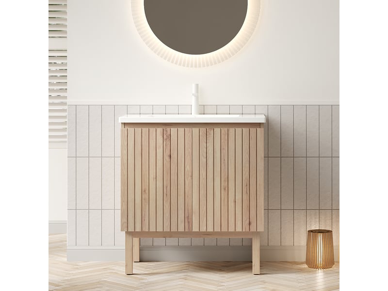  Meuble sous vasque avec 2 portes et étagère réglable, vasque en céramique, salle de bain, 80,5×46,5×88 cm  - Conforama E