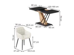 Vicco ensemble de table à manger, noirchêne de force doré, 120x80cm avec 4 chaises de salle à manger