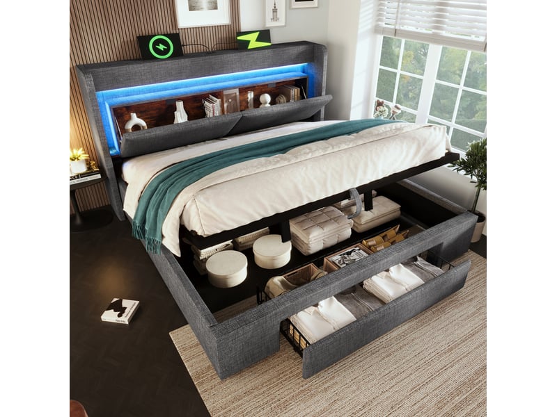  Lit coffre 140 × 200 cm 2 places avec led réglable, usb, type-c, tiroir et rangement, matelas inclus, gris  - Conforama C