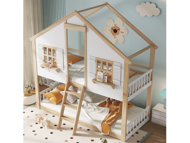  Lit superposé enfant 90x200 cm avec toit, fenêtres et échelle inclinée 3 marches, mdf, blanc et naturel sans matelas  - Conforama D