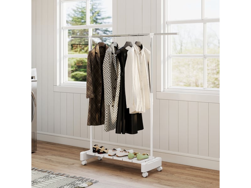  Étendoir à linge extensible avec roulettes et frein, étagère à chaussures et structure en acier inoxydable, blanc  - Conforama B