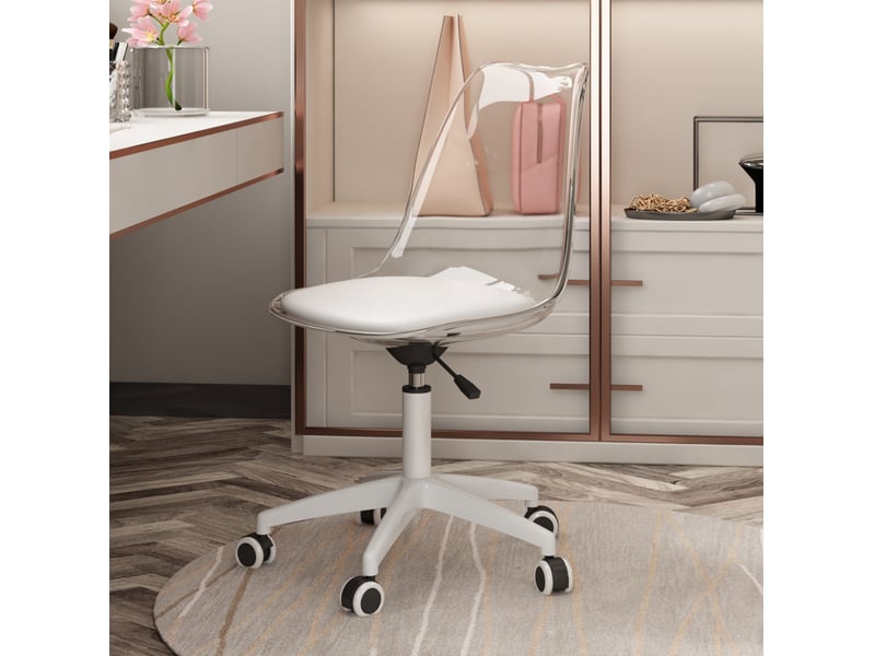  Chaise de bureau pivotante 54x54 cm – transparente et blanche – réglable en hauteur, roulettes silencieuses  - Conforama B
