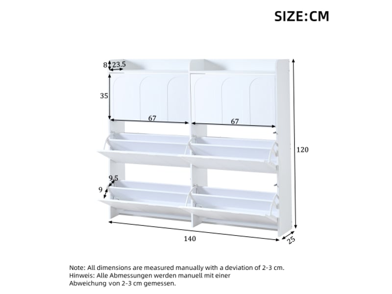  Meuble à chaussures blanc 140 x 25 x 120 cm, 6 portes abattantes, mdf, 12 compartiments  - Conforama D