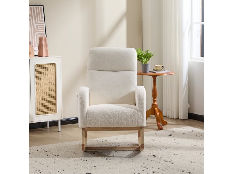  Rocking-chair à haut dossier avec poche latérale et base incurvée en bois blanc, 75 × 63 × 104 cm  - Conforama C