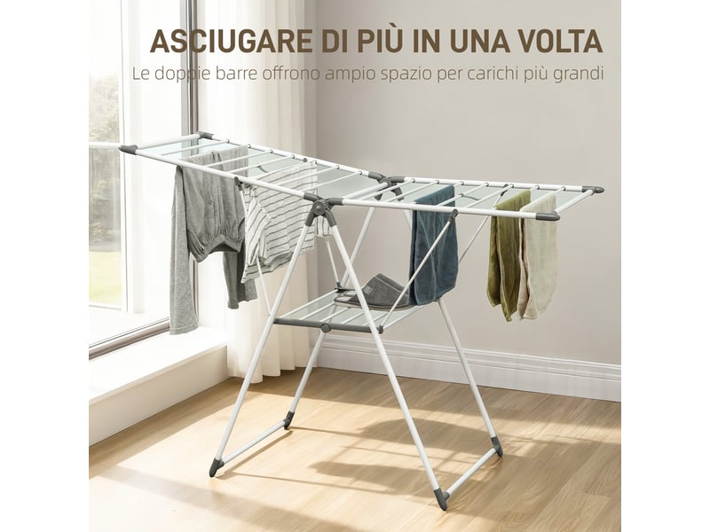  Étendoir à linge à 2 niveaux, réglable sur 4 hauteurs, en métal et plastique, 156,5 x 61,5 x 97 cm, blanc  - Conforama D
