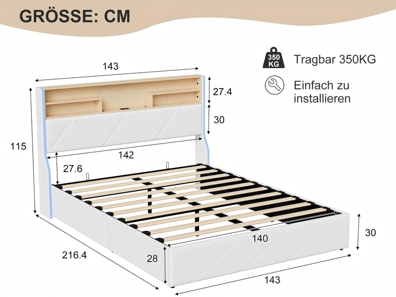  Lit coffre 140x190cm - lit 2 places - avec led - velours - beige, sommier à lattes (matelas non inclus)  - Conforama C