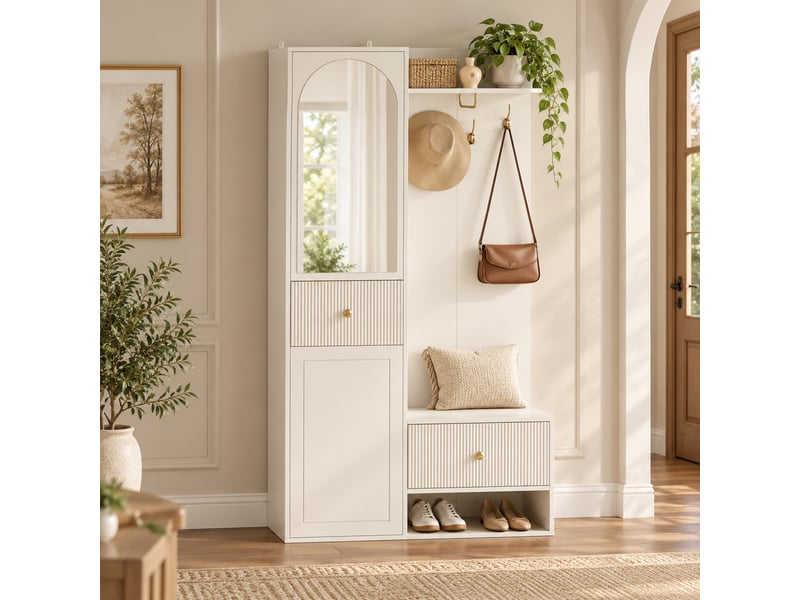  Vestiaire d’entrée blanc avec miroir, patères dorées et tiroirs, 100 x 35 x 175,5 cm  - Conforama D