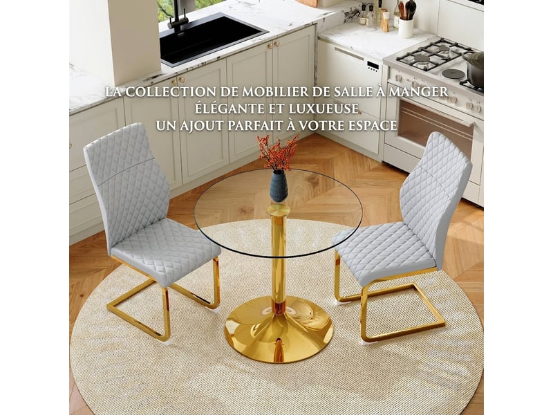  Ensemble table ronde ø85 cm et 2 chaises, verre et assises gris clair, pieds dorés  - Conforama B