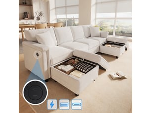 Canapé modulable 4 places 261x134x82 cm, configuration en u ou l, 2 poufs coffres amovibles, usb et usb-c, chenille, beige