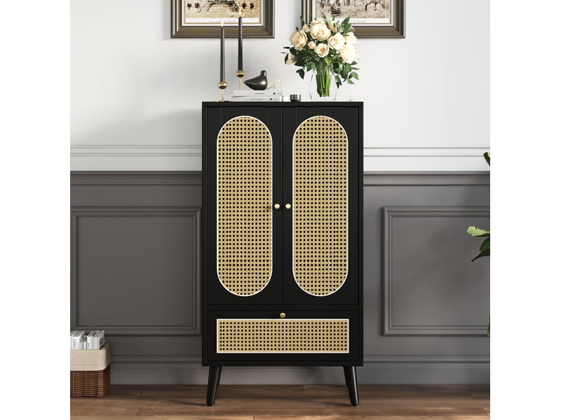  Buffet salon, meuble de rangement avec 2 portes et tiroir noir rotin 60x40x110,5 cm  - Conforama W