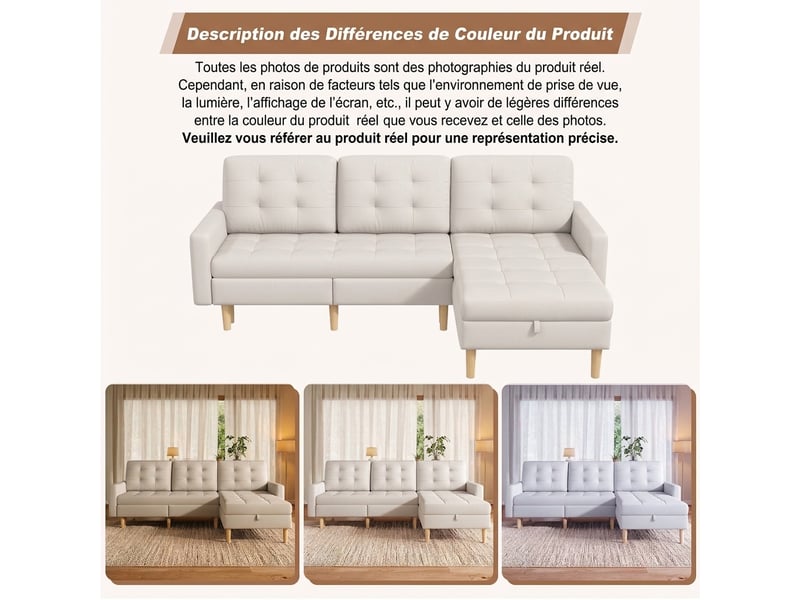  Canapé d'angle beige 3 places avec rangement 212x130cm - méridienne réversible tissu  - Conforama E