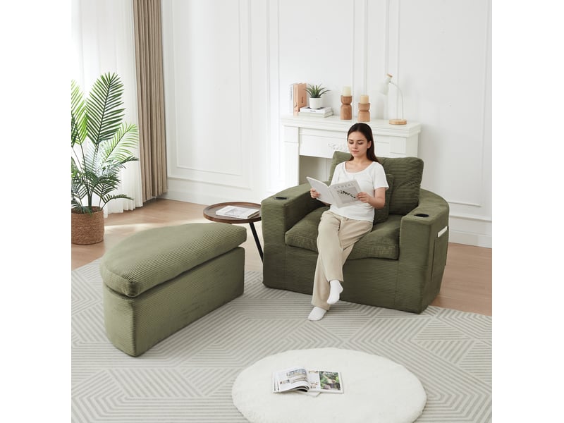  Fauteuil lounge rond avec repose-pieds – vert – velours côtelé, rangement latéral et porte-gobelets  - Conforama D
