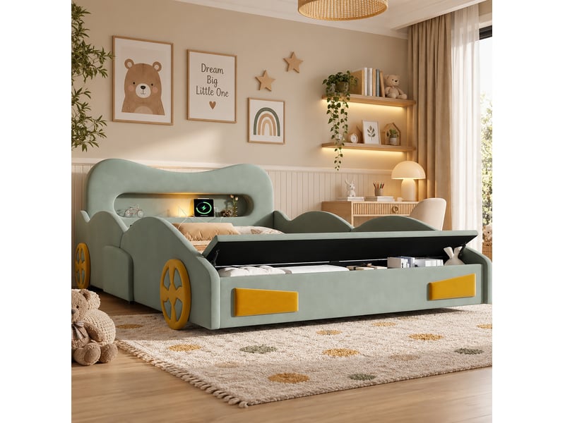  Lit enfant voiture 140x200 avec rangement et liseuse vert evryae  - Conforama B