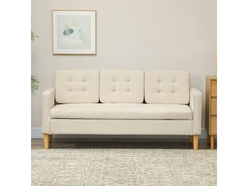  Canapé 3 places en flanelle de neige, canapé moderne avec rangement caché, dossier capitonné, crème, 166,5 x 62 x 82 cm  - Conforama W
