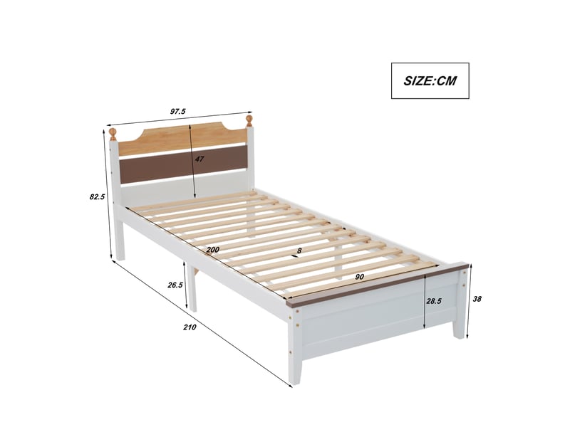  Lit simple 90x200 cm en bois et mdf blanc, naturel et marron  - Conforama E