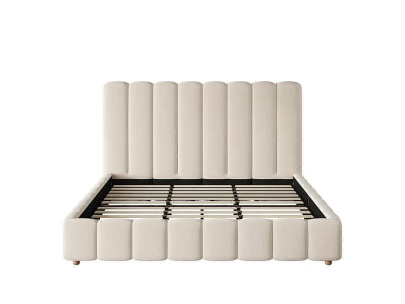  Lit double rembourré 200x200 cm, sommier à lattes, tête de lit rembourrée, pieds en bois massif, velours, beige  - Conforama A