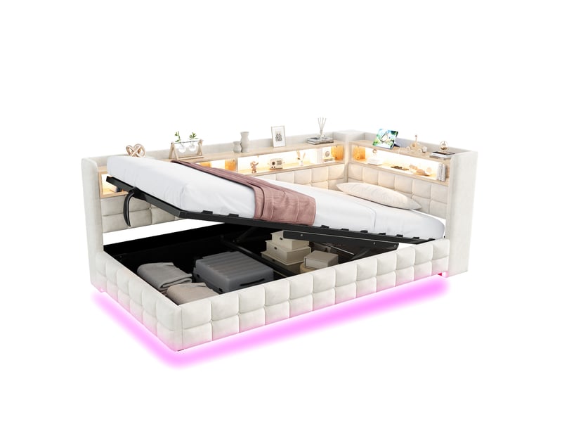  Lit banquette enfant 90x200 cm, gain de place, lit avec rangement, prises usb, éclairage led, en mdf, finition velours beige, sans matelas  - Conforama A