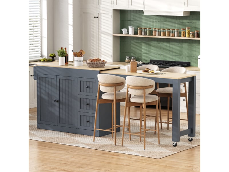  Îlot de cuisine mobile avec plateau extensible et 3 tiroirs, gris, 112-186,8x45x93 cm  - Conforama C