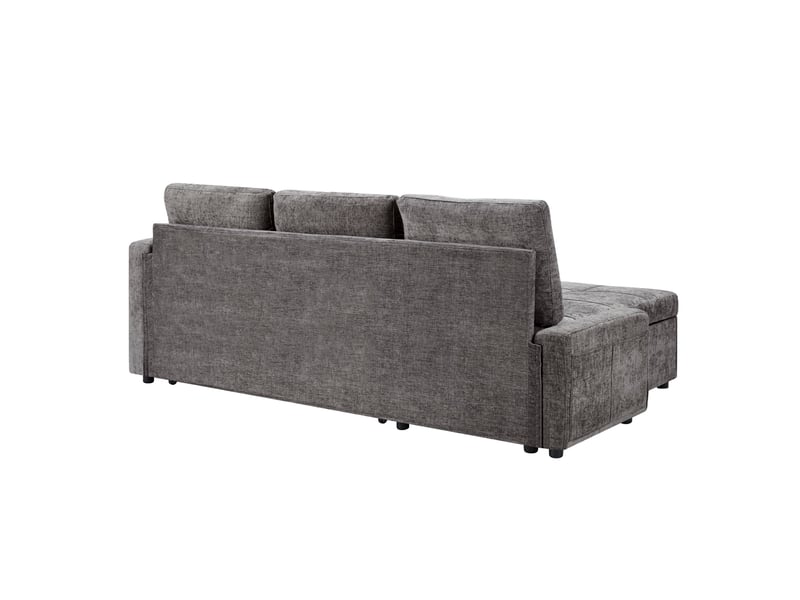 Canapé d’angle convertible en lit 201,3 cm 3 places avec méridienne coffre, porte-gobelet, étagère 2 niveaux, poches latérales, chenille gris - Conforama E