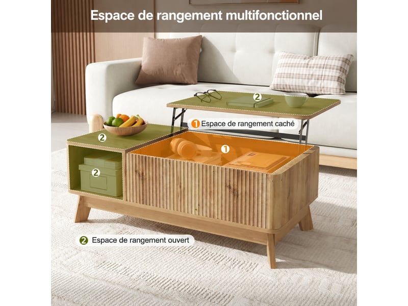  Table basse relevable avec rangement intégré et façade ondulée, 95 x 48 x 50 cm  - Conforama E
