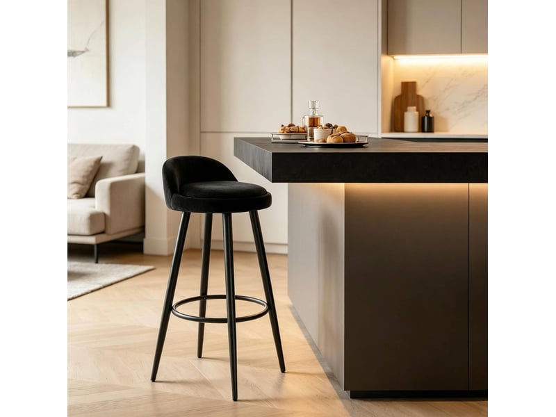  Tabouret de bar 36,5 x 36,5 x 78,5 cm – noir – dossier, repose-pieds et assise en velours  - Conforama B