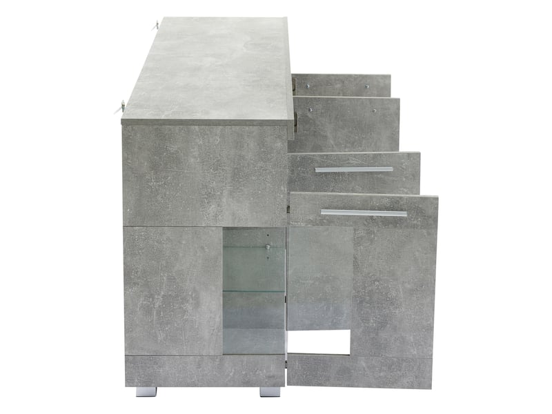  Buffet moderne effet ciment 140 x 40 x 70 cm avec led, meuble latéral brillant à 3 compartiments en verre trempé  - Conforama E