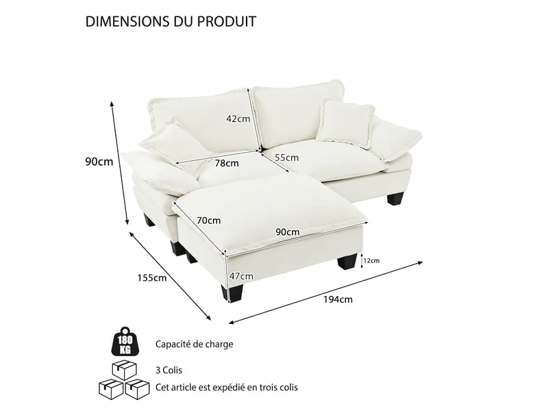  Canapé d'angle modulaire style nuage 194x151 cm avec ottomane mobile et coussins en chenille  - Conforama C