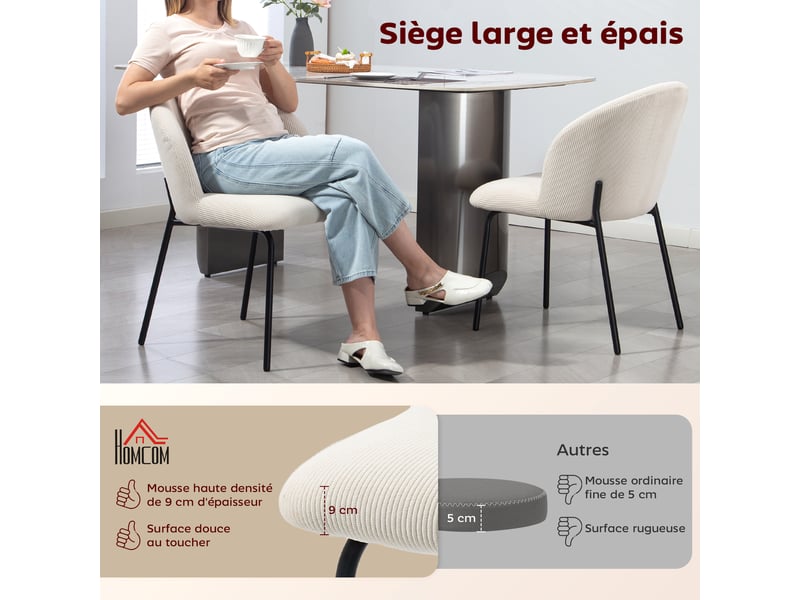  Lot de 2 chaises de salle à manger en velours côtelé, chaises de cuisine avec pieds en acier, 56x58x78cm, crème  - Conforama D