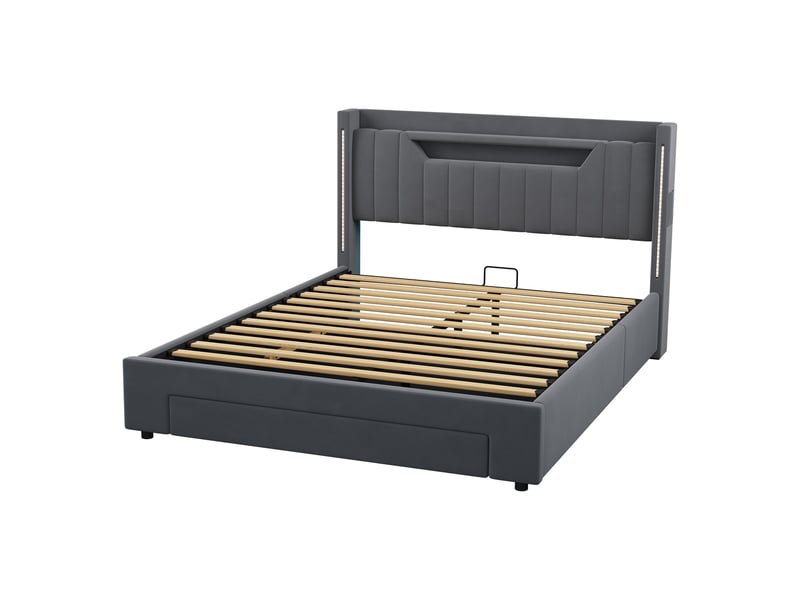  Lit coffre 140x200 cm led avec tiroirs, charge et rangement, velours gris (sans matelas)  - Conforama D