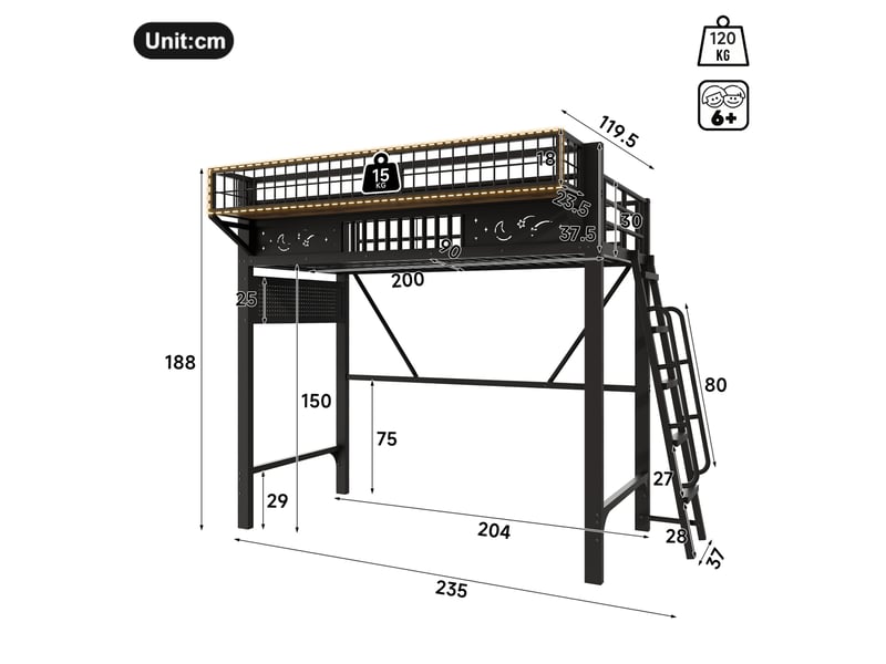  Lit mezzanine enfant 90 x 200 cm en métal noir, avec rangements latéraux et espace ouvert, sans matelas  - Conforama C