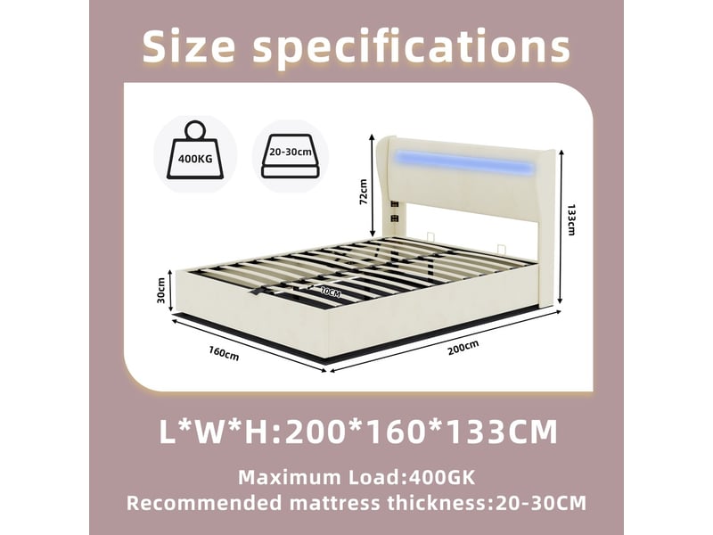 Lit coffre moderne minimaliste avec tête de lit rembourrée led beige 160x200cm sommier coffre haut avec vérin gaz matelas inclus - Conforama C