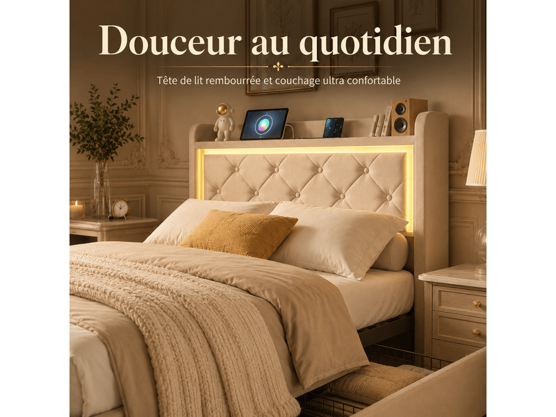  Lit 1 personne 90x200 cm avec sommier led et usb tpye c, lit coffre avec 2 tiroirs de rangement, lit une place, lit 1 personne 90x200 avec 2 tiroirs de rangement, éclairage led rgb - charge usb et type-c, lit une place, lit coff…  - Conforama C