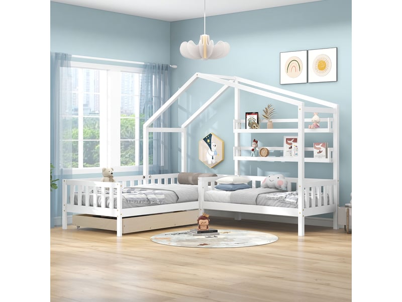 Lit cabane enfant 90x200 cm + 140x70 cm – lit combiné avec tiroirs et étagères intégrées – blanc – sans matelas - Conforama B