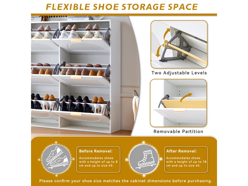  Meuble à chaussures avec 6 abattants et étagères réglables, rangement étroit pour entrée en mdf, 118×25×115 cm blanc  - Conforama E