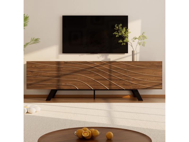  Meuble de tv 160cm,design moderne style noyer avec façade ondulée, pieds en fer noir, grand espace de rangement  - Conforama B