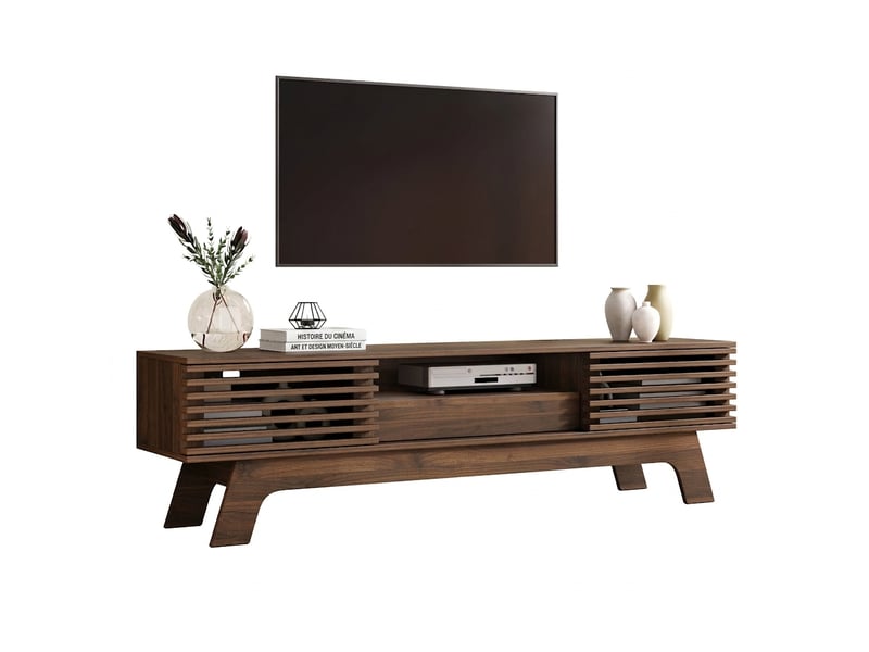  Meuble tv 165 cm mdf noyer avec 4 tiroirs et 2 portes coulissantes coins arrondis  - Conforama A
