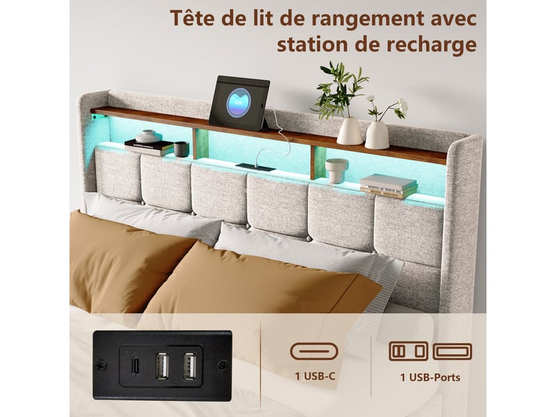  Lit avec rangement 160x200 cm coloris beige  - Conforama D