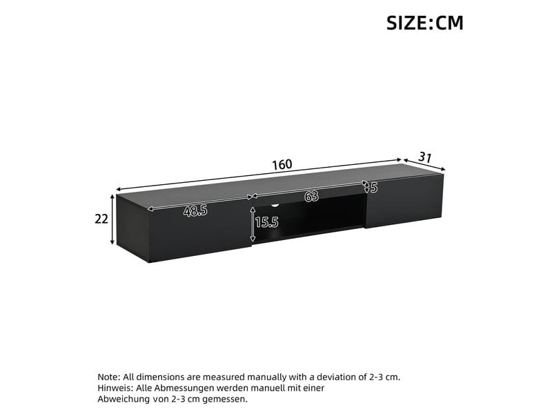 Meuble tv mural noir haute brillance avec led 160x31x22 cm pour tv 70 pouces, design moderne et rangement suspendu - Conforama C