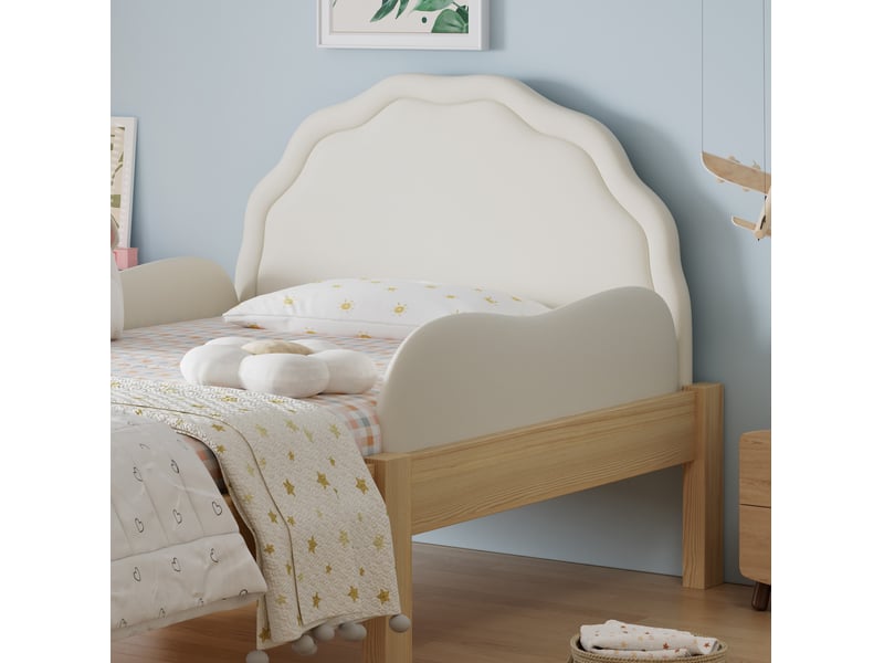  Lit enfant 90x200 cm beige et bois avec tête de lit pu et barrières latérales  - Conforama R