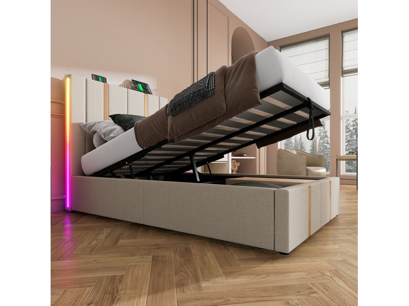 Lit coffre adulte 90x200 cm – beige – led rgb, usb et usb-c, contrôle par application, avec matelas - Conforama B