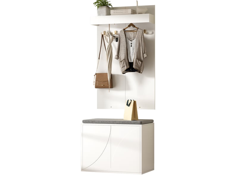  Ensemble vestiaire 3 en 1 blanc, panneau de particules, 35 × 60 × 145 cm, 2 portes, 4 crochets, banc intégré, pour entrée  - Conforama A