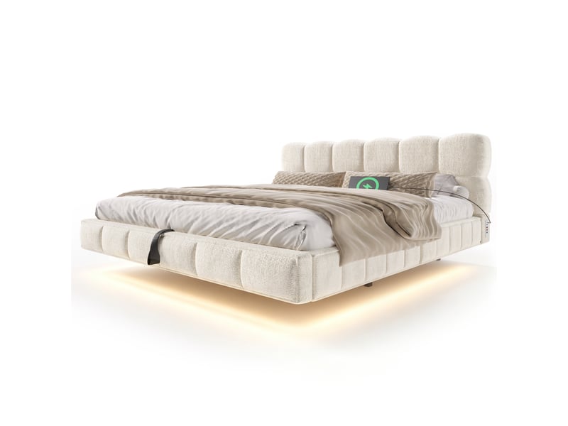 Lit coffre rembourré 180 x 200 cm, design flottant effet nuage, rangement hydraulique, led, usbtype-c, revêtement en chenille, beige Bliss Lite - Conforama A