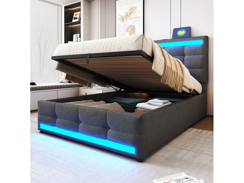  Lit simple enfant 90x200 cm – gris – rangement hydraulique, led rgb, usb et tête de lit réglable, sans matelas  - Conforama B