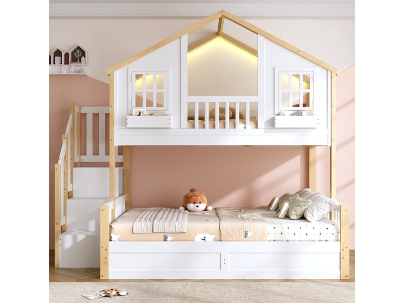  Lit superposé enfant 90x200 et 140x200 cm avec rangement, led, blanc et bois naturel  - Conforama D